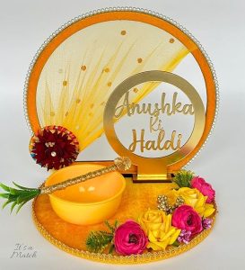 Personalized Haldi Platter, Handcrafted Thali, Tray Wedding Haldi Plate for Haldi Ceremony, Bride or Groom, Marriage Decor