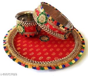 DESIREZONE Karwa chauth pooja thali set 1 thali, 1 channi and 1 lota