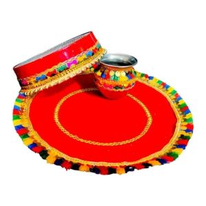2025/09/1000208690.jpg DESIREZONE Karwachauth Thali Set I Karvachauth I Karwa chauth I Karva chauth Puja Stainless Steel Thali Set - Channi/Lota for Vrat Poojan, Standard, Magenta