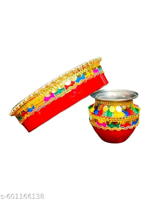 DESIREZONE Karwachauth Thali Set I Karvachauth I Karwa chauth I Karva chauth Puja Stainless Steel Thali Set - Channi/Lota for Vrat Poojan, Standard, Magenta