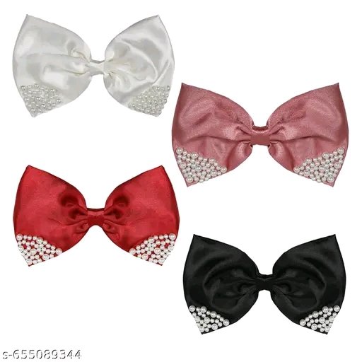 Pearl-Embellished Satin Hair Bow Clips, Set of 4, Black Red Pink White