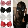 Pearl-Embellished Satin Hair Bow Clips, Set of 4, Black Red Pink White