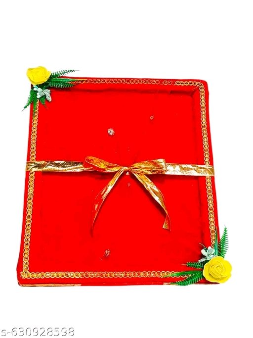 DESIREZONE Smart Creations Decorative Tray for Gift Packing/Wedding/Saree Packing/Trousseau/Shagun/Suit (10 X 12) Rectangular (RED), Size 10 by 12 inches