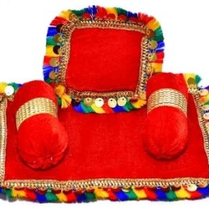 DESIREZONE Home Decor Laddu Bal Gopal Thakurji Bedding Set (Handcraft Aasan, Head & 2 Side Pillow Set) Laddu Gopal Bister Gaddi Bedding Set - (Red)