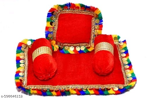 DESIREZONE Home Decor Laddu Bal Gopal Thakurji Bedding Set (Handcraft Aasan, Head & 2 Side Pillow Set) Laddu Gopal Bister Gaddi Bedding Set - (Red)
