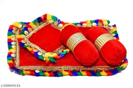 DESIREZONE Home Decor Laddu Bal Gopal Thakurji Bedding Set (Handcraft Aasan, Head & 2 Side Pillow Set) Laddu Gopal Bister Gaddi Bedding Set - (Red)