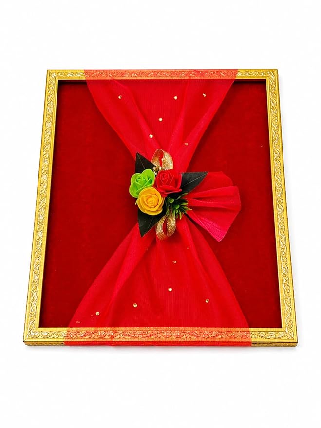 DESIREZONE Smart Creations Decorative Tray for Gift Packing/Wedding/Saree Packing/Trousseau/Shagun/Suit (10 X 12) Rectangular (RED), Size 10 by 12 inches
