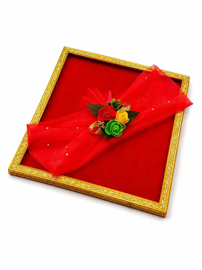 DESIREZONE Smart Creations Decorative Tray for Gift Packing/Wedding/Saree Packing/Trousseau/Shagun/Suit (10 X 12) Rectangular (RED), Size 10 by 12 inches
