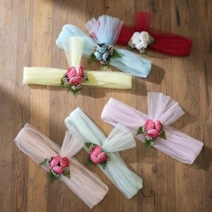 DESIREZONE 6 Pcs Net Bands with Artificial Flower Bunch (Ready-to-Use) – Decorative Reusable Trousseau Packing for Wedding Return Gifts, Shaadi Gift Wrapping, Bride Groom Hamper (Multicolor)