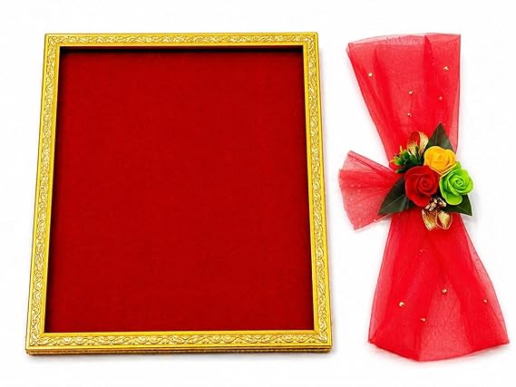 DESIREZONE Smart Creations Decorative Tray for Gift Packing/Wedding/Saree Packing/Trousseau/Shagun/Suit (10 X 12) Rectangular (RED), Size 10 by 12 inches