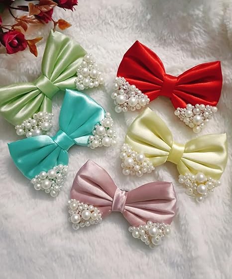 Desirezone 5 Pack Large Fabric Hair Bows for Women & Girls – Soft Silk Bowknot Hair Clips, Handmade Ribbon Bow Barrettes for Ponytails, Braids & Updos – Elegant Vintage Hair Accessories in Pastel & Bold Colors (Random Color)